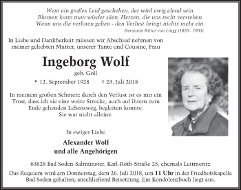 Traueranzeige von Ingeborg Wolf 