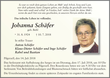 Traueranzeige von Johanna Schäfer 