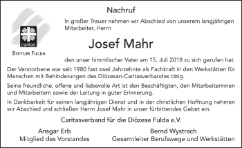 Traueranzeige von Josef Mahr 