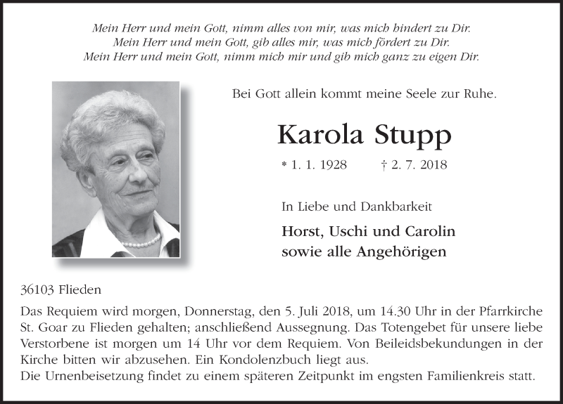  Traueranzeige für Karola Stupp vom 04.07.2018 aus 
