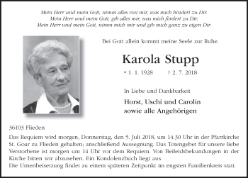 Traueranzeige von Karola Stupp 