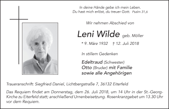 Traueranzeige von Leni Wilde 
