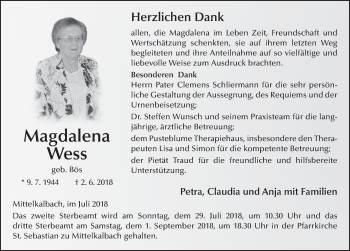 Traueranzeige von Magdalena Wess 