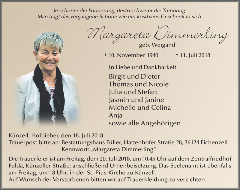  Traueranzeige für Margareta Dimmerling vom 18.07.2018 aus 