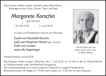 Traueranzeige von Margarete Korschin 