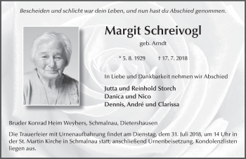 Traueranzeige von Margit Schreivogl 