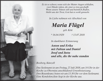 Traueranzeige von Maria Flügel 