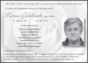 Traueranzeige von Maria Goldbach 