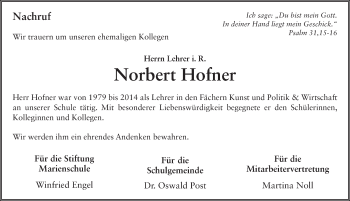 Traueranzeige von Norbert Hofner 