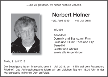 Traueranzeige von Norbert Hofner 