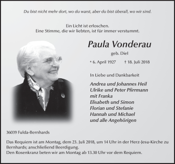 Traueranzeige von Paula Vonderau 