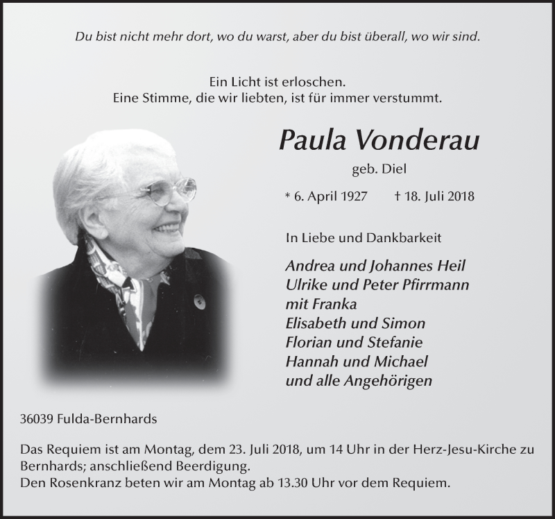  Traueranzeige für Paula Vonderau vom 21.07.2018 aus 