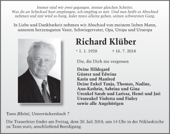 Traueranzeige von Richard Klüber 
