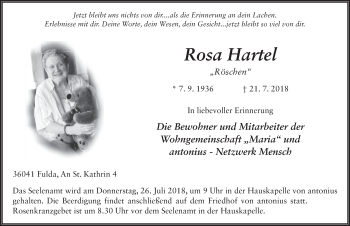 Traueranzeige von Rosa Hartel 
