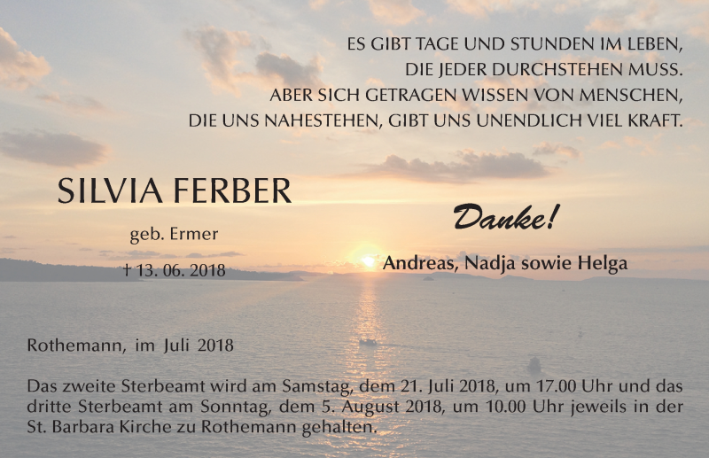  Traueranzeige für Silvia Ferber vom 20.07.2018 aus 