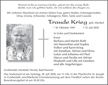 Traueranzeige von Traude Krieg 
