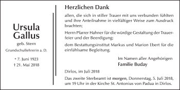 Traueranzeige von Ursula Gallus 