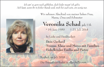Traueranzeige von Veronika Schad 