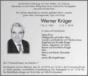 Traueranzeige von Werner Krüger 