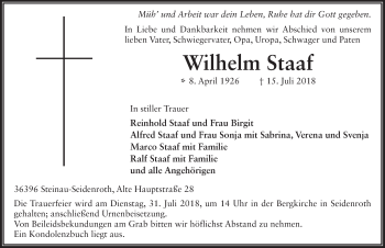 Traueranzeige von Wilhelm Staaf 