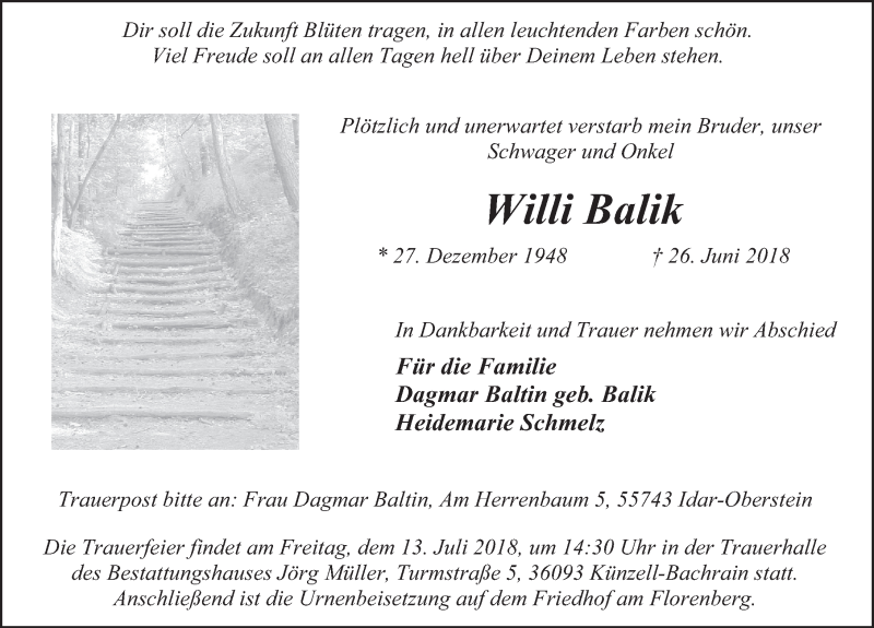  Traueranzeige für Willi Balik vom 06.07.2018 aus 