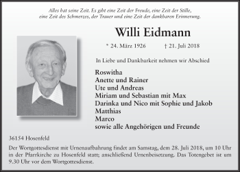 Traueranzeige von Willi Eidmann 