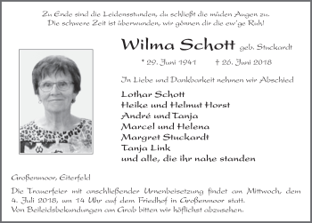 Traueranzeige von Wilma Schott 