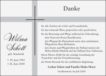 Traueranzeige von Wilma Schott 