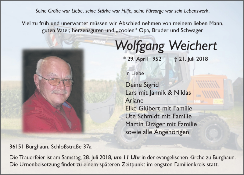  Traueranzeige für Wolfgang Weichert vom 25.07.2018 aus 