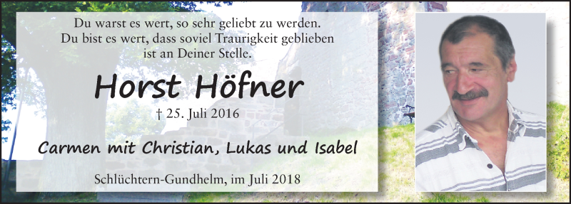 Traueranzeige für Horst Höfner vom 25.07.2018 aus 