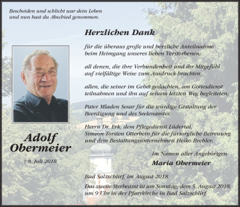 Traueranzeige von Adolf Obermeier 