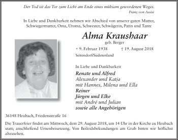 Traueranzeige von Alma Kraushaar 