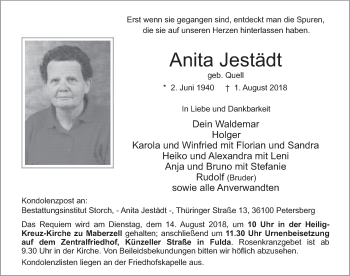 Traueranzeige von Anita Jestädt 