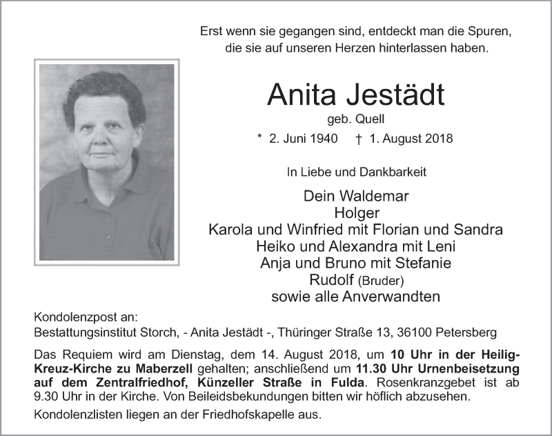  Traueranzeige für Anita Jestädt vom 09.08.2018 aus 