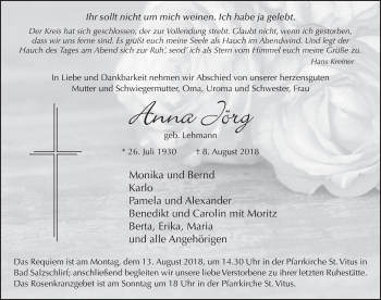 Traueranzeige von Anna Jörg 