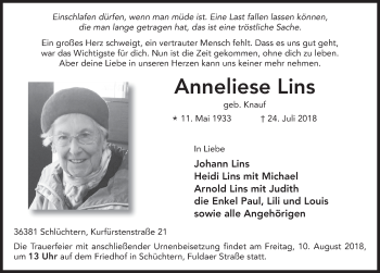 Traueranzeige von Anneliese Lins 