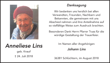 Traueranzeige von Anneliese Lins 