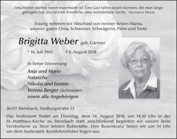 Traueranzeige von Brigitta Weber 