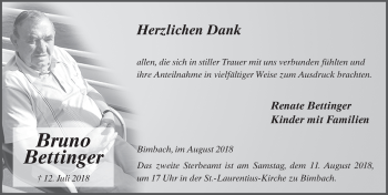 Traueranzeige von Bruno Bettinger 
