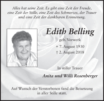 Traueranzeige von Edith Belling 