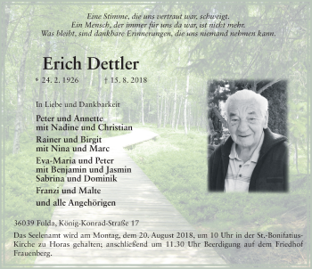 Traueranzeige von Erich Dettler 