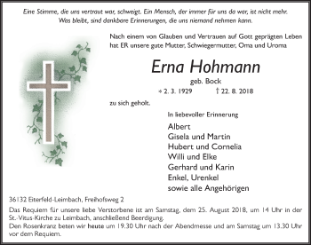 Traueranzeige von Erna Hohmann 