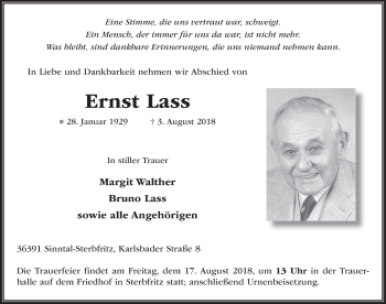 Traueranzeige von Ernst Lass 