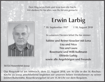 Traueranzeige von Erwin Larbig 