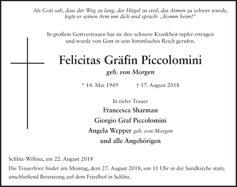 Traueranzeige für Felicitas Gräfin Piccolomini vom 22.08.2018 aus 