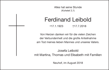 Traueranzeige von Ferdinand Leibold 