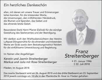 Traueranzeige von Franz Streitenberger 
