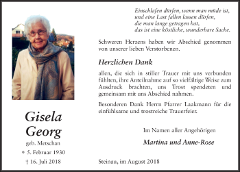 Traueranzeige von Gisela Georg 