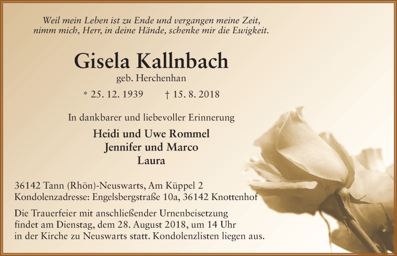  Traueranzeige für Gisela Kallnbach vom 24.08.2018 aus 