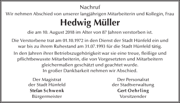 Traueranzeige von Hedwig Müller 